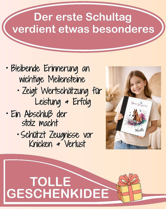 Personalisierte Zeugnismappe mit Namen Pferd – Mappe für Schulzeugnisse A4 | Geschenk zur Einschulung Mädchen - CreativMade