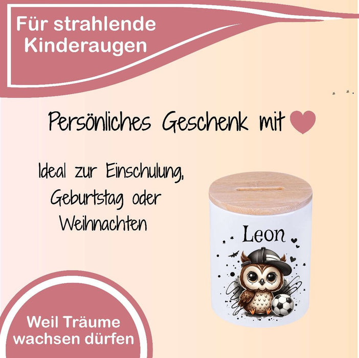 Kinder Spardose mit Name Fußball Eule grün  – Personalisierte Spardose für Kinder Keramik mit Bambusdeckel für Jungen | CreativMade .