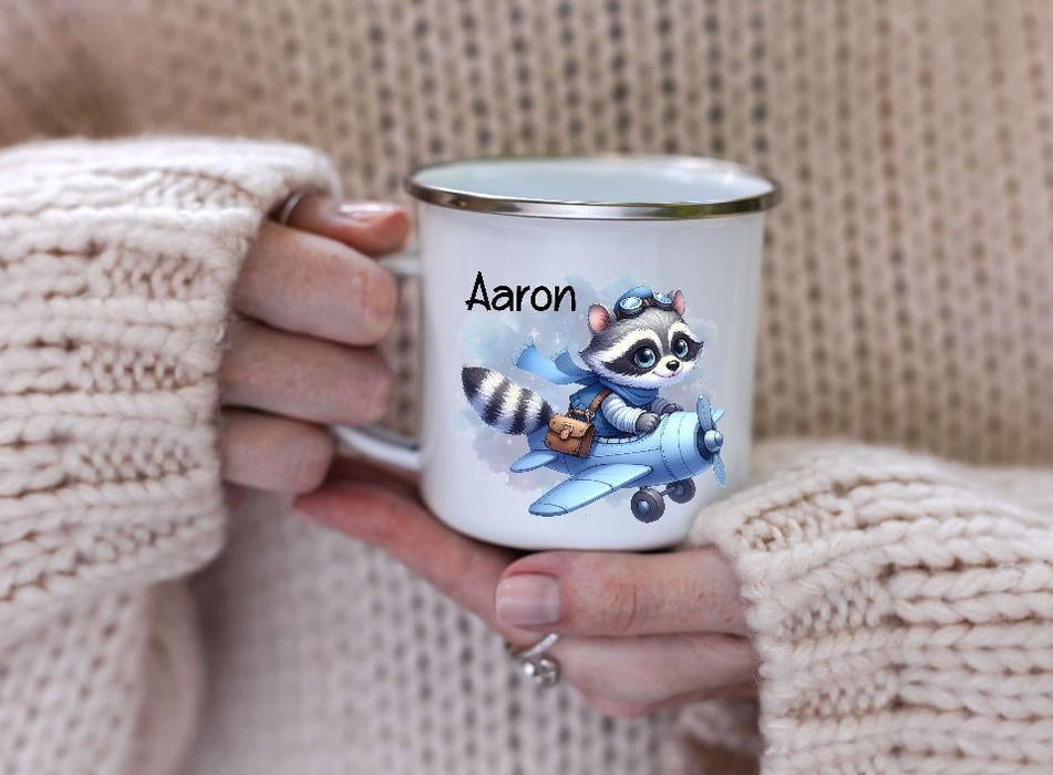 Kinder Tischset personalisiert mit Namen Waschbär Flugzeug - abwischbar und rutschfest Platzdeckchen Platzset Tischunterlage - personalisierte Tasse Emaille & Keramik - CreativMade 