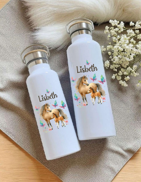 Personalisierte Kinder Trinkflasche mit Namen Pferd – Edelstahl Thermosflasche auslaufsicher für Kindergarten & Schule - CreativMade