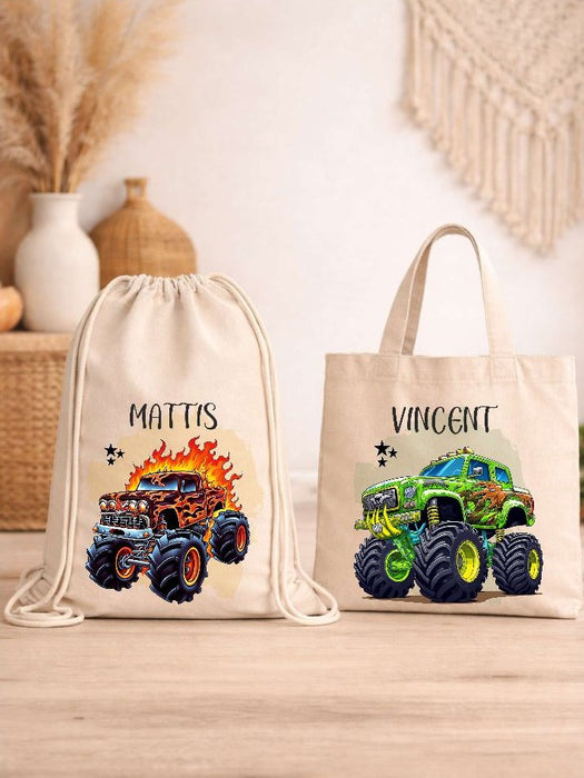 Kinder Turnbeutel mit Namen personalisiert – Monstertruck Sportbeutel für Kindergarten, Schule und Schwimmen - CreativMade 