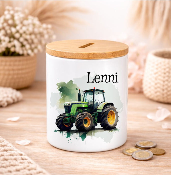 Kinder Spardose mit Name Traktor – Personalisierte Spardose für Kinder Keramik mit Bambusdeckel für Jungen | CreativMade .