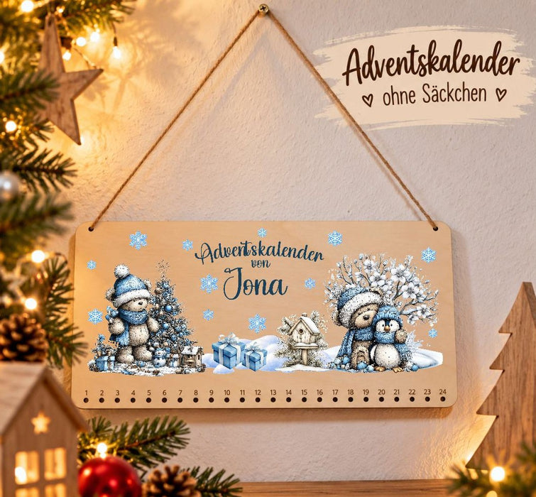 Personalisierter Adventskalender aus Holz mit Namen Bär & Pinguin– zum Befüllen mit oder ohne Säckchen | CreativMade .