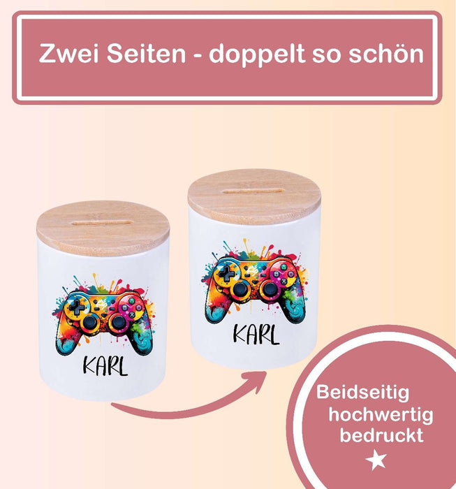 Kinder Spardose mit Name Controller – Personalisierte Spardose für Kinder Keramik mit Bambusdeckel für Jungen | CreativMade .