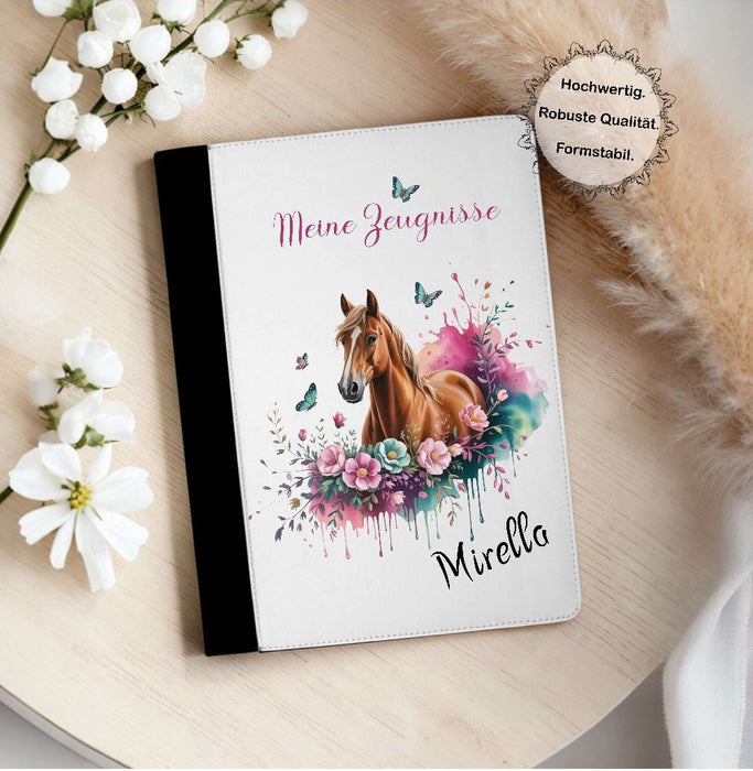 Personalisierte Zeugnismappe mit Namen Pferd – Mappe für Schulzeugnisse A4 | Geschenk zur Einschulung Mädchen - CreativMade
