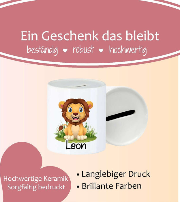Personalisierte Kinderspardose mit Namen Löwe – Keramik Spardose zur Einschulung, Geburt oder Taufe - CreativMade