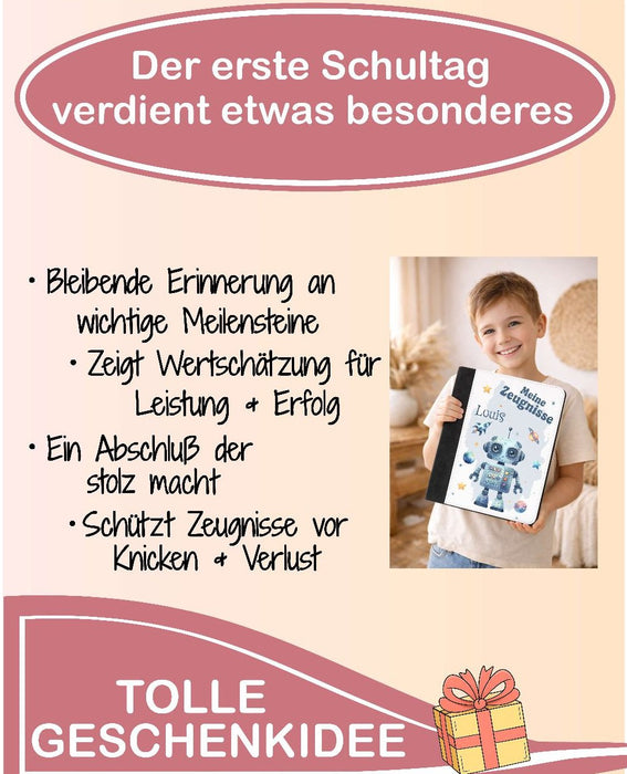 Personalisierte Zeugnismappe mit Namen Roboter – Mappe für Schulzeugnisse A4 | Geschenk zur Einschulung Jungen - CreativMade 