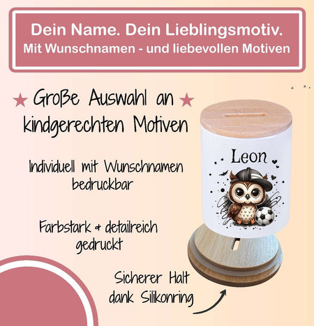 Kinder Spardose mit Name Fußball Eule – Personalisierte Spardose für Kinder Keramik mit Bambusdeckel für Jungen - CreativMade