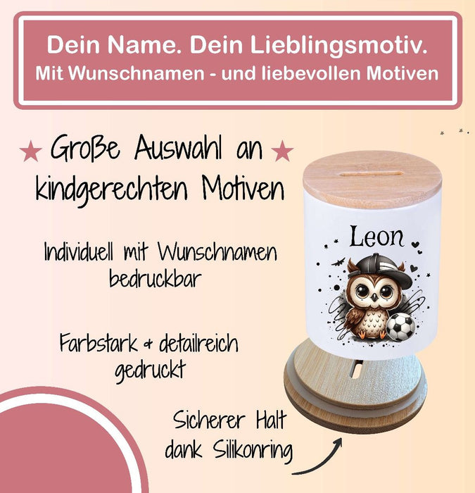 Kinder Spardose mit Name Fußball Eule grün  – Personalisierte Spardose für Kinder Keramik mit Bambusdeckel für Jungen | CreativMade .