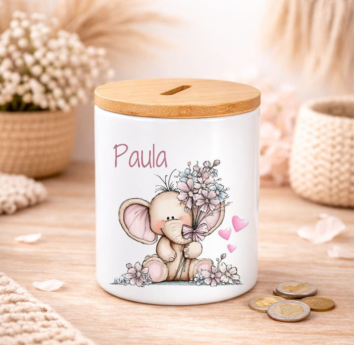 Kinder Spardose mit Name Tier-Motiv – Personalisierte Spardose für Kinder Keramik mit Bambusdeckel