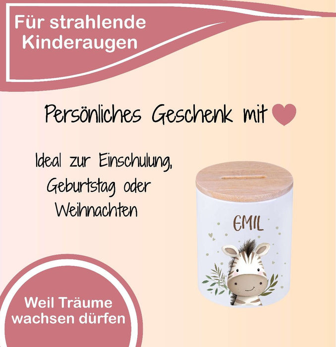 Kinder Spardose mit Name Löwe – Personalisierte Spardose für Kinder Keramik mit Bambusdeckel für Jungen oder Mädchen Waldtiere Safari Tiere Zootiere - CreativMade