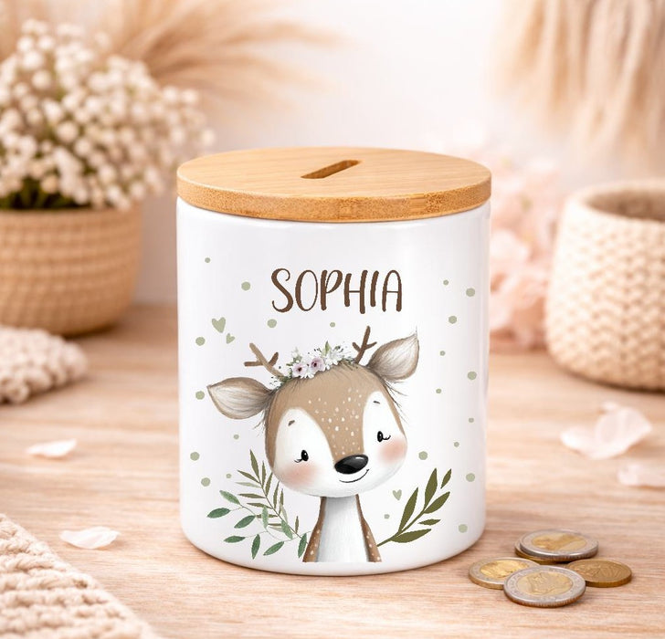 Kinder Spardose mit Name Löwe – Personalisierte Spardose für Kinder Keramik mit Bambusdeckel für Jungen oder Mädchen Waldtiere Safari Tiere Zootiere - CreativMade