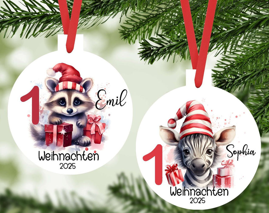 Personalisierter Christbumschmuck & Weihnachtsbaumanhänger Baby Waschbär Zebra – Mein erstes Weihnachten mit Namen aus Aluminium Geschenkidee - CreativMade