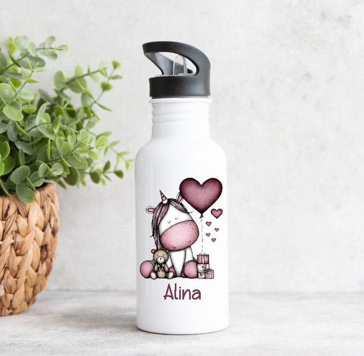Personalisiertes Kinder Trinkflaschen- & Tassen-Set mit Namen Einhorn – Edelstahl Trinkflasche 500 ml für Schule & Kindergarten - CreativMade