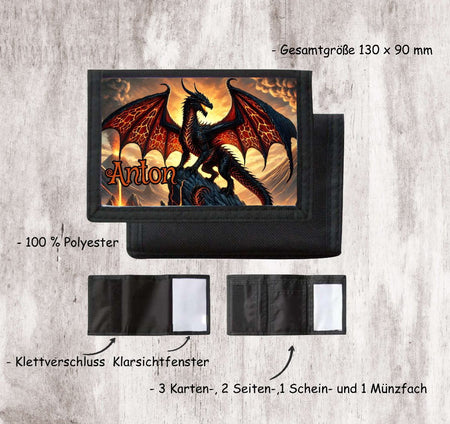 Kinder Geldbeutel personalisiert Drache – Geldbörse mit Namen Klettverschluss Porte­mon­naie - CreativMade