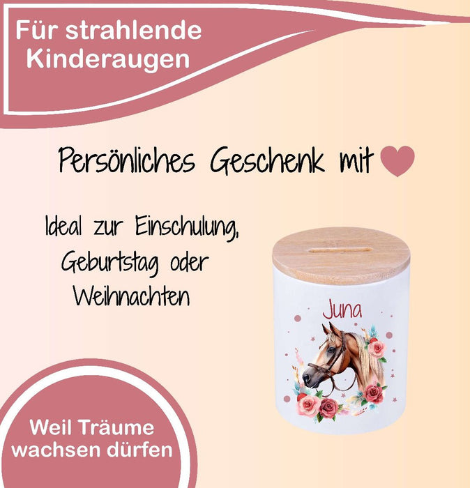 Kinder Spardose mit Name Pferdekopf – Personalisierte Spardose für Kinder Keramik mit Bambusdeckel für Mädchen | CreativMade .