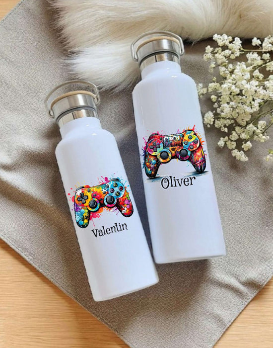 Personalisierte Kinder Trinkflasche mit Namen Controller – Edelstahl Thermosflasche auslaufsicher für Kindergarten & Schule - CreativMade