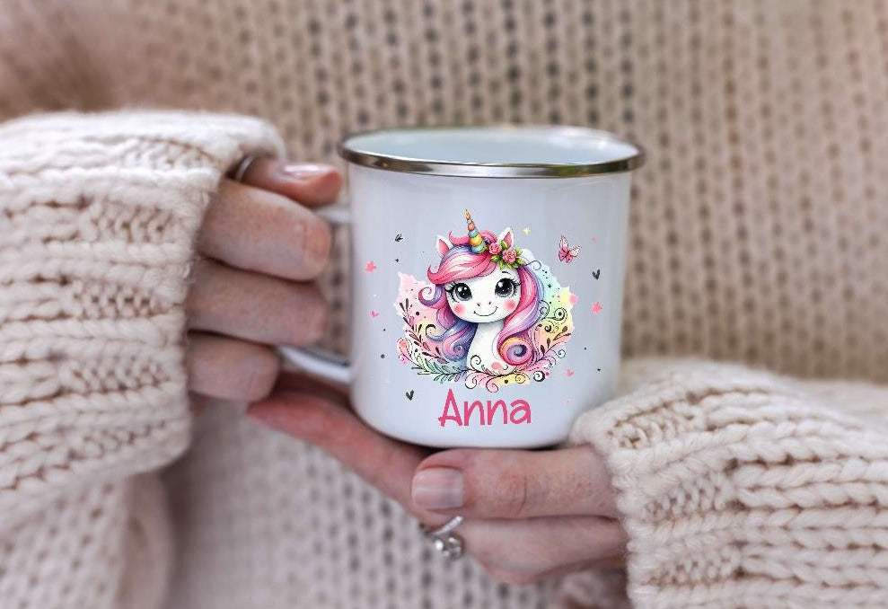 Kinder Tischset personalisiert mit Namen Einhorn - abwischbar und rutschfest Platzdeckchen Platzset Tischunterlage - personalisierte Tasse Emaille & Keramik - CreativMade 