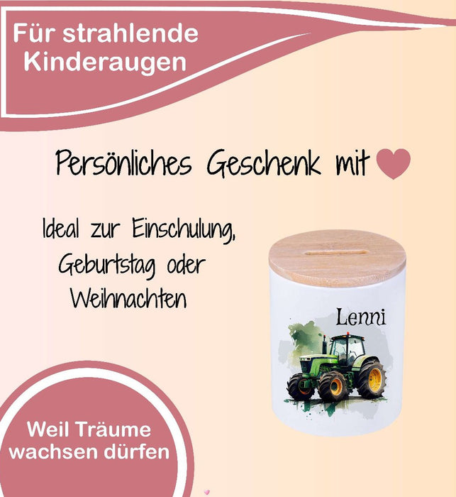Kinder Spardose mit Name Traktor – Personalisierte Spardose für Kinder Keramik mit Bambusdeckel für Jungen | CreativMade .
