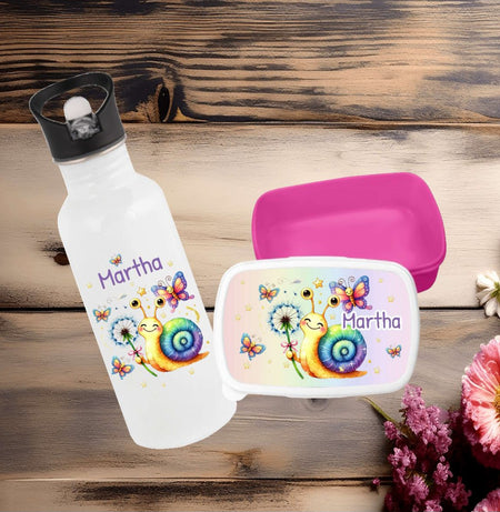 Set Brotdose und Trinkflasche personalisiert mit Namen Schnecke Edelstahl 500ml Lunchbox Mädchen - CreativMade