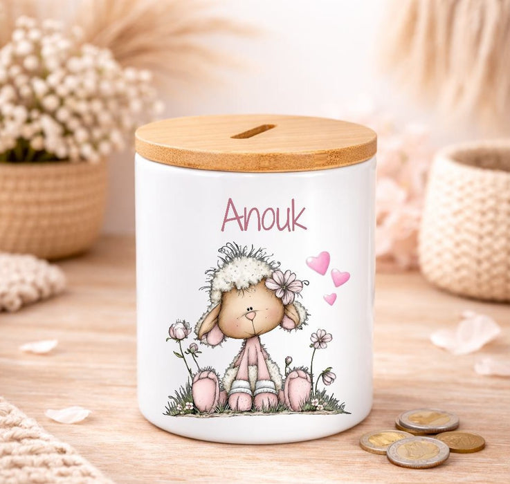 Kinder Spardose mit Name Tier-Motiv – Personalisierte Spardose für Kinder Keramik mit Bambusdeckel
