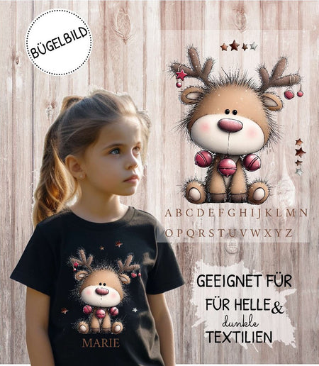 Bügelbild Kinder Rentier Weihnachten Textilaufbügler DIY Projekt Applikation hochwertiger DTF Ausdruck XL - CreativMade 