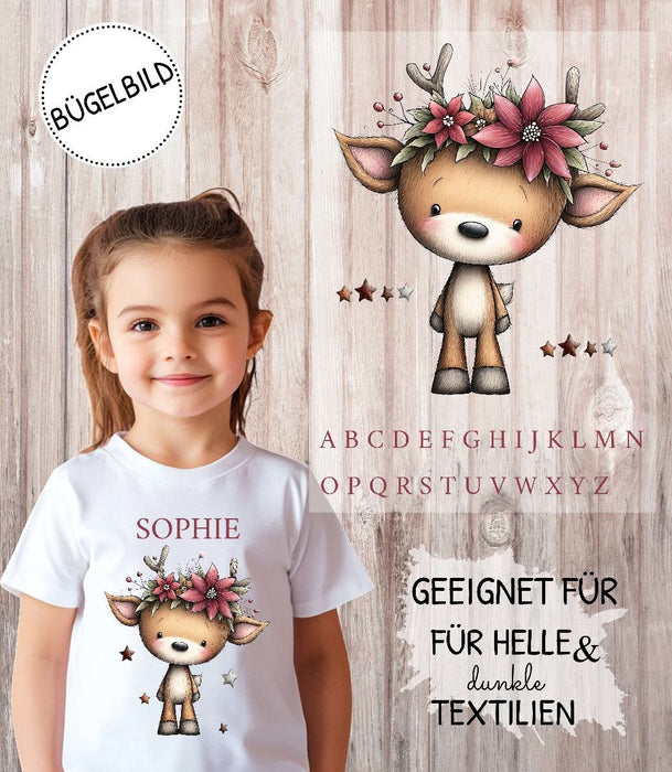 Bügelbild Kinder Reh Weihnachten Textilaufbügler DIY Projekt Applikation hochwertiger DTF Ausdruck XL - CreativMade 