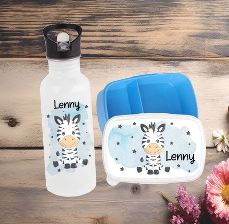 Set Brotdose und Trinkflasche personalisiert mit Namen Zebra Edelstahl 500ml Lunchbox Jungen - CreativMade