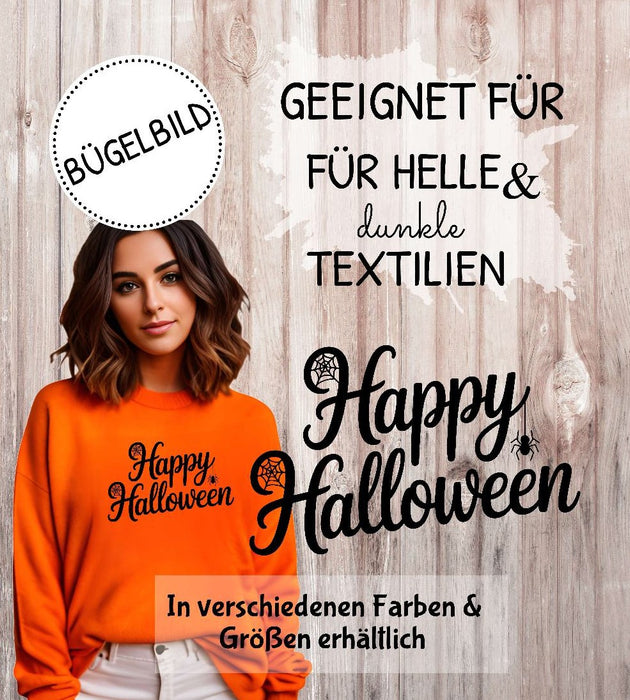 Bügelbild Happy Halloween Schriftzug Halloween Aufbügelmotiv für helle & dunkle Textilien DIY Aufbügler für T-Shirt, Pullover & Kostüm - CreativMade