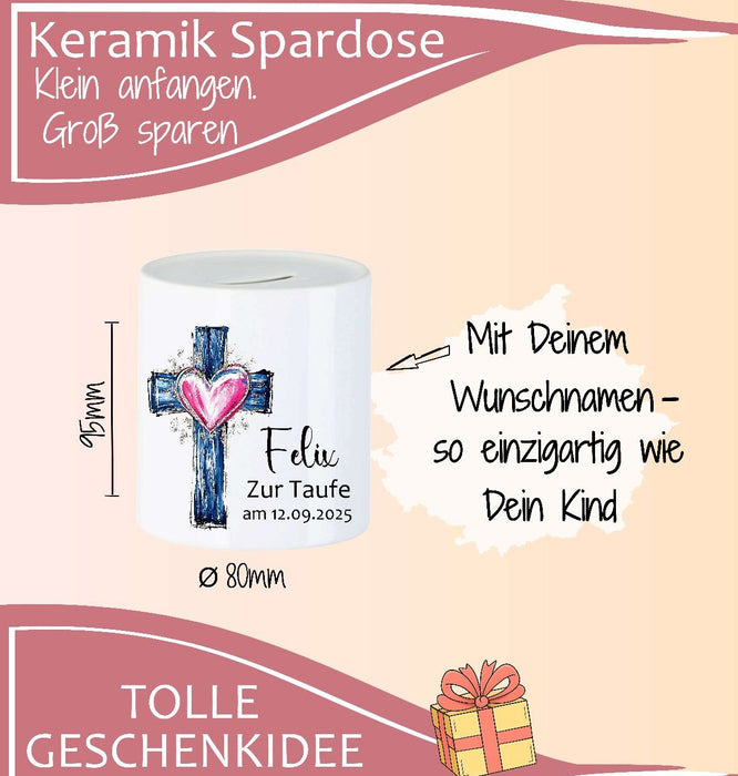 Personalisierte Taufspardose aus Keramik – Kreuz - Spardose zur Taufe mit Namen - CreativMade