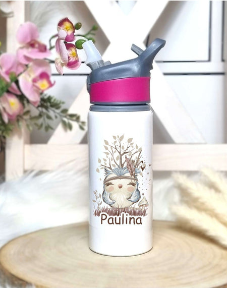 Personalisierte Trinkflasche mit Namen und Strohhalm Reh Waldtiere Wasserflasche aufklappbares Mundstück - CreativMade