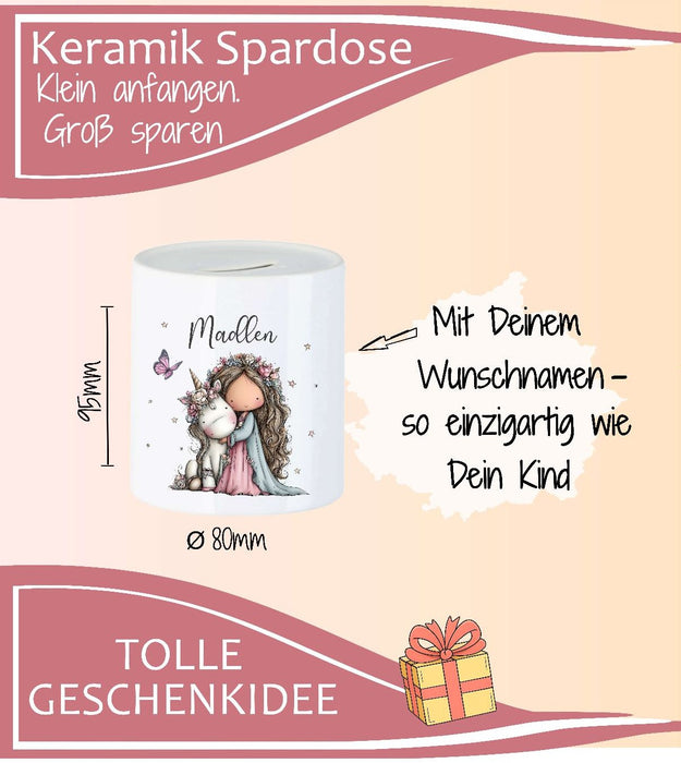 Personalisierte Kinderspardose mit Namen Einhorn – Keramik Spardose zur Einschulung, Geburt oder Taufe - CreativMade 