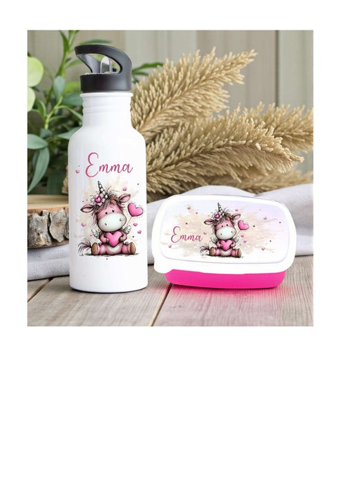 Kindergarten Set personalisiert Einhorn – Rucksack, Trinkflasche & Brotdose mit Namen Kitakind