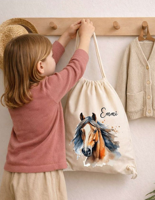 Kinder Turnbeutel mit Namen personalisiert – Pferd Sportbeutel für Kindergarten, Schule und Schwimmen - CreativMade
