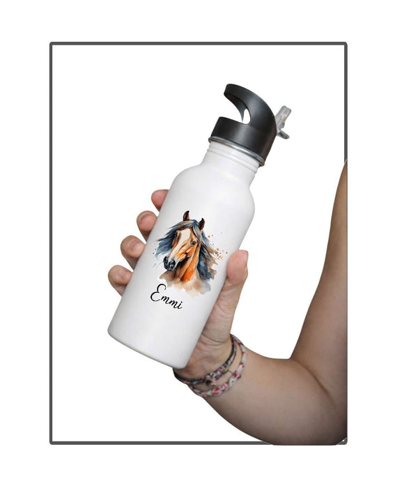 Personalisierte Trinkflasche Kinder Pferd -  Edelstahl Trinkflasche mit Name - Strohhalm Geschenk Einschulung Geburtstag - CreativMade 