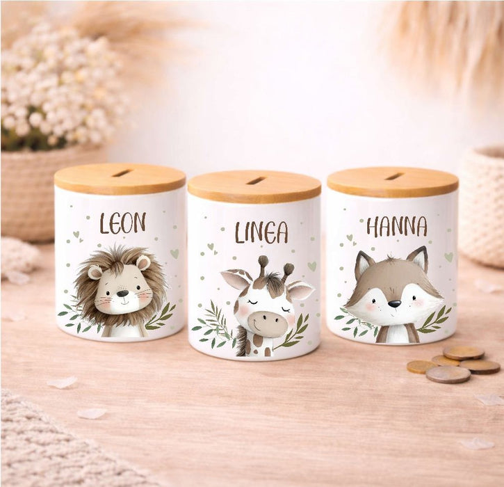 Kinder Spardose mit Name Löwe – Personalisierte Spardose für Kinder Keramik mit Bambusdeckel für Jungen oder Mädchen Waldtiere Safari Tiere Zootiere - CreativMade