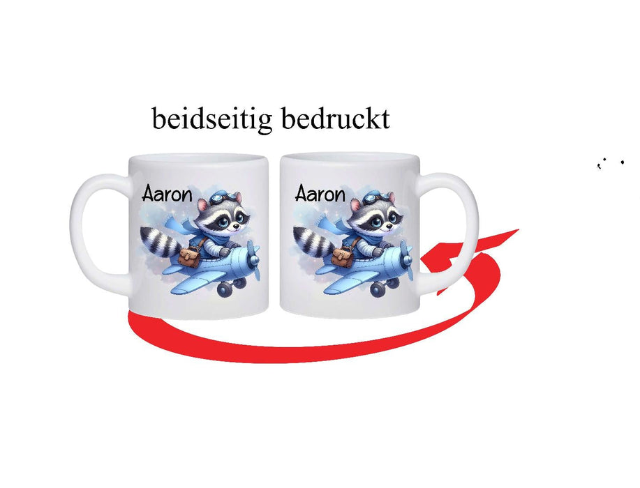 Kinder Tischset personalisiert mit Namen Waschbär Flugzeug - abwischbar und rutschfest Platzdeckchen Platzset Tischunterlage - personalisierte Tasse Emaille & Keramik - CreativMade 