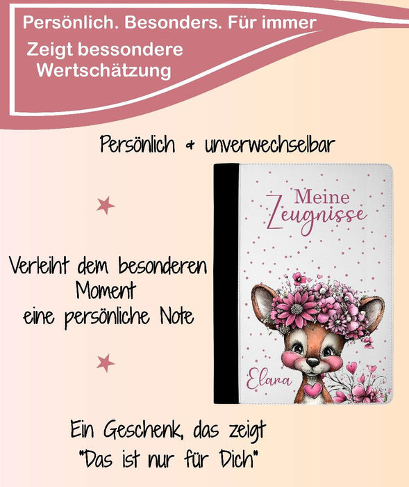 Personalisierte Zeugnismappe mit Namen Reh – Mappe für Schulzeugnisse A4 | Geschenk zur Einschulung Mädchen - CreativMade