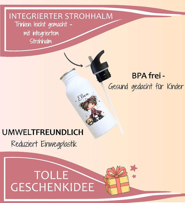 Personalisierte Trinkflasche Kinder Mädchen -  Edelstahl Trinkflasche mit Name - Strohhalm Geschenk Einschulung Geburtstag - CreativMade 