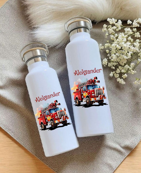 Personalisierte Kinder Trinkflasche mit Namen Feuerwehr – Edelstahl Thermosflasche auslaufsicher für Kindergarten & Schule - CreativMade