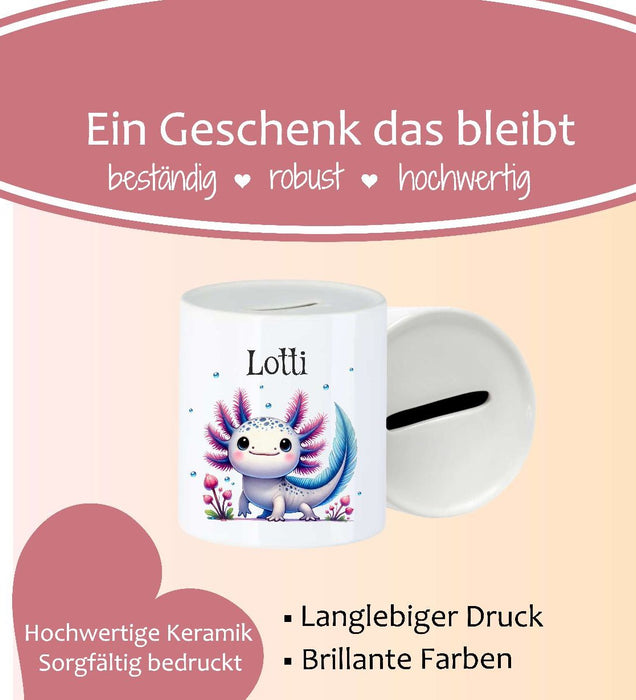Personalisierte Kinderspardose mit Namen Axolotl - Keramik Spardose zur Einschulung, Geburt oder Taufe - CreativMade