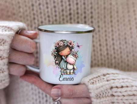 Kindertasse personalisiert mit Namen Einhorn Mädchen Emaille Keramik Kunststoff Geschenk - CreativMade 