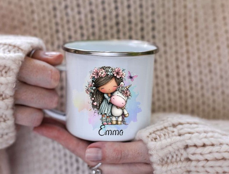 Kindertasse personalisiert mit Namen Einhorn Mädchen Emaille Keramik Kunststoff Geschenk - CreativMade 