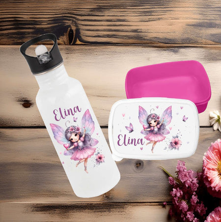 Set Brotdose und Trinkflasche personalisiert mit Namen Fee Edelstahl 500ml Lunchbox Mädchen - CreativMade