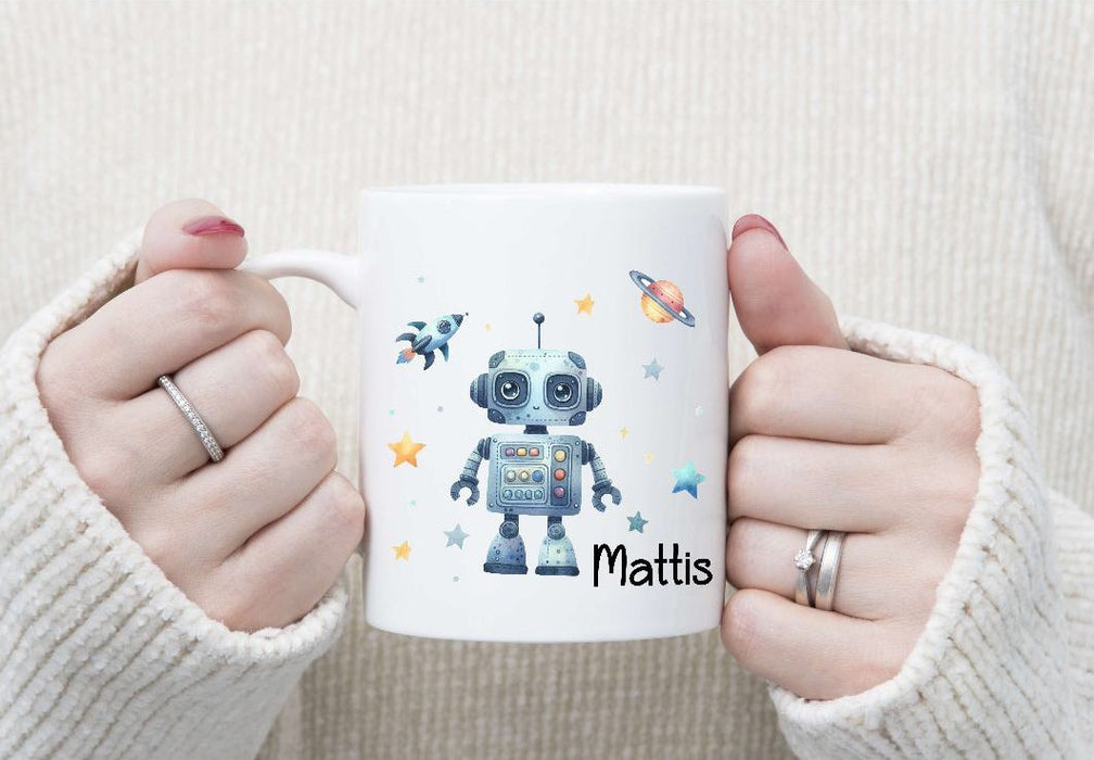Kinder Tischset personalisiert mit Namen Roboter - abwischbar und rutschfest Platzdeckchen Platzset Tischunterlage - personalisierte Tasse Emaille & Keramik - CreativMade 