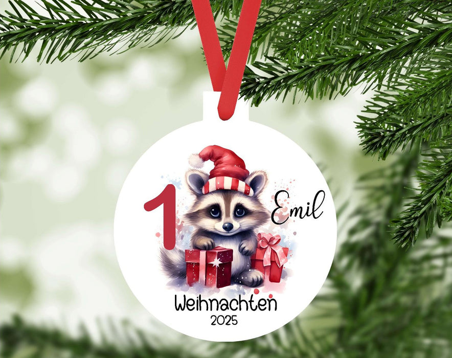 Personalisierter Christbumschmuck & Weihnachtsbaumanhänger Baby Waschbär Zebra – Mein erstes Weihnachten mit Namen aus Aluminium Geschenkidee - CreativMade