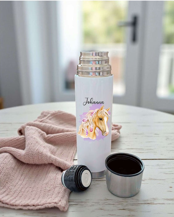 Thermoskanne personalisiert mit Namen Pferd Edelstahl Isolierflasche Thermoflasche Geschenkidee - CreativMade 