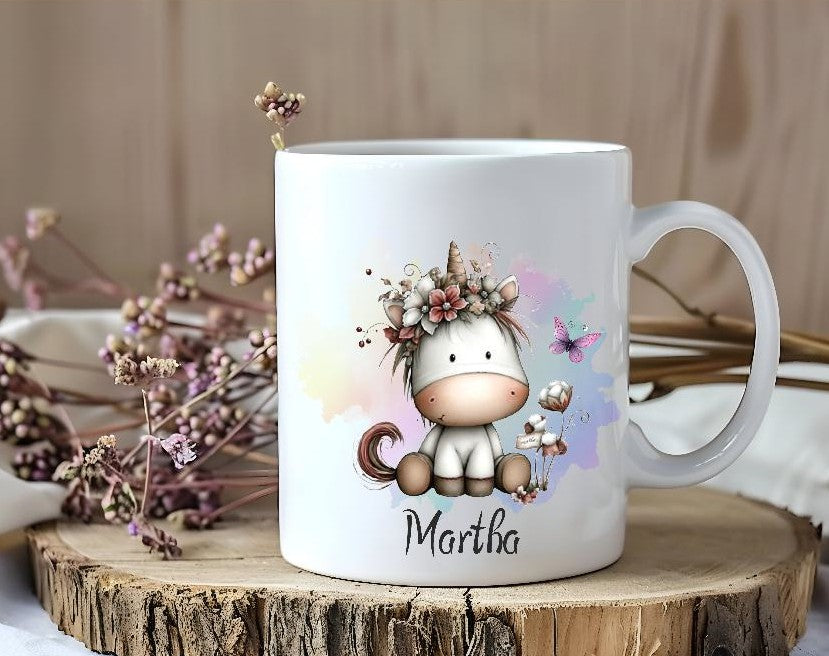 Kindertasse personalisiert mit Namen Einhorn Mädchen Emaille Keramik Kunststoff Geschenk - CreativMade 