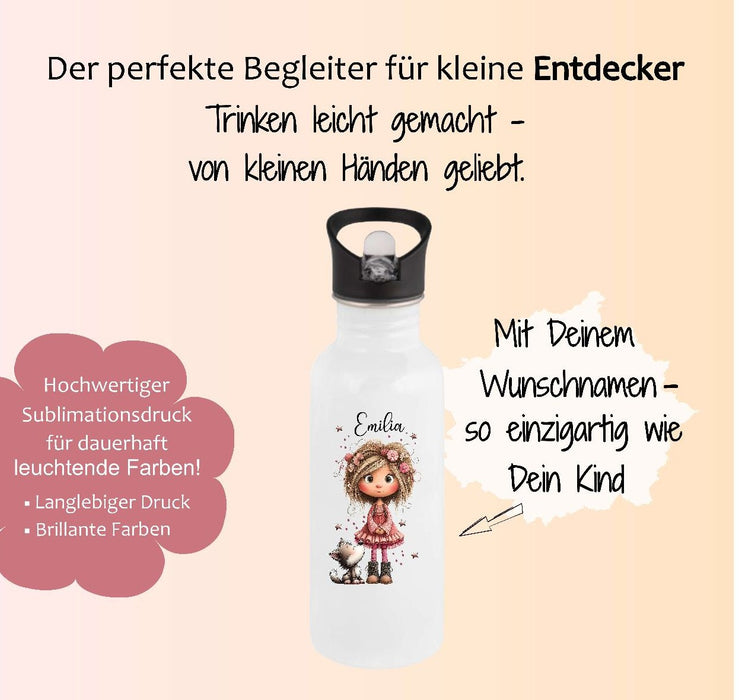 Personalisierte Trinkflasche Kinder Mädchen -  Edelstahl Trinkflasche mit Name - Strohhalm Geschenk Einschulung Geburtstag - CreativMade 