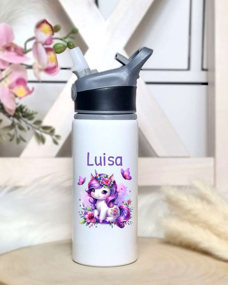 Personalisierte Trinkflasche mit Namen und Strohhalm Einhorn Wasserflasche aufklappbares Mundstück - CreativMade